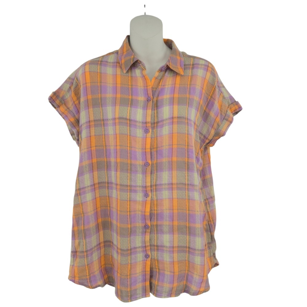 Beachlunchlounge Collection Plaid Short Sleeve Button Down Shirt Orange Purple S